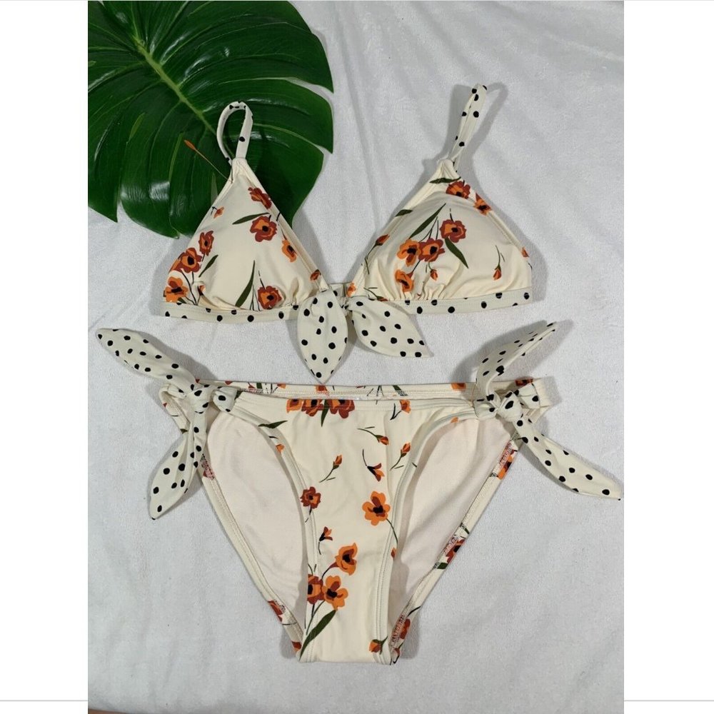 NEW Xhilaration Floral Dot Tie-Front Bikini Top‎ [ L ] + Cheeky Bottom [ M ]